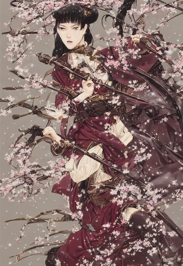 Image similar to fighting scene from a far of steampunk girl samurai with swords and tachi and bow and arrow and armor and rifle and cross bow combat pose in snow forest sakura cherry blossom swan hakama kimono trending on artstation takato yamamoto krenz cushart