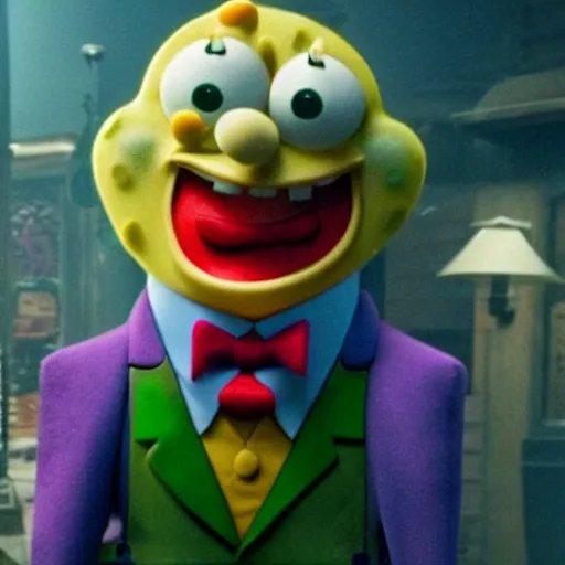 Prompt: film still of Spongebob as joker in the new Joker movie