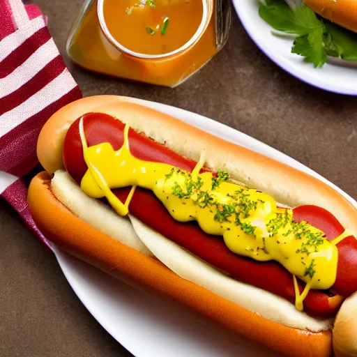 Prompt: A delicious hot dog on a plate, garnish, melted cheese, relish, mustard, chili, food photography, michelin star