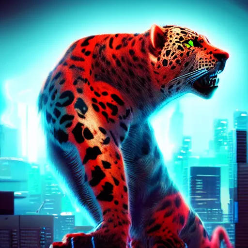 Image similar to portrait of a neon cyberpunk cyborg jaguar animal, octane render