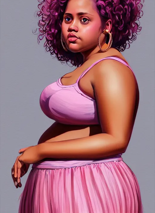 Image similar to full body portrait, teenage vanessa morgan, pink hair, brown skin, obese, curly pixie hair, sultry, realistic, short hair, hoop earrings, skirt, shirt, fat, belly, intricate, elegant, highly detailed, digital painting, artstation, concept art, smooth, sharp focus, illustration, art by wlop, mars ravelo and greg rutkowski