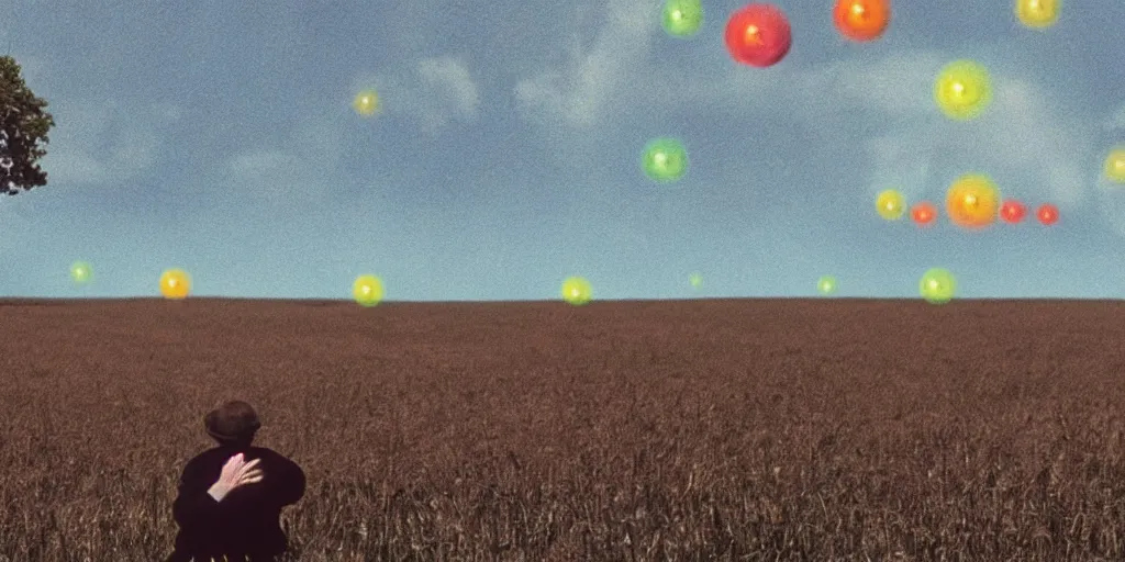 Image similar to an old man in a field looking at multiverse bubbles in the sky, scene from a stanley kubrick movie, in color