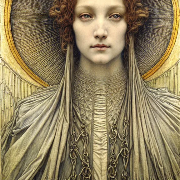 Image similar to detailed realistic beautiful young medieval queen face portrait by jean delville, gustave dore and marco mazzoni, art nouveau, symbolist, visionary, gothic, pre - raphaelite. horizontal symmetry