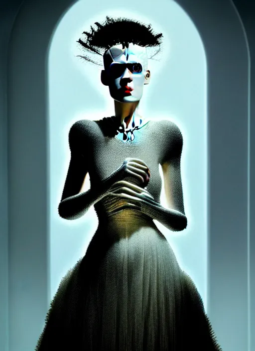 Image similar to portrait of kristen mcmenamy as a beautiful gentle futuristic bride of frankenstein from the movie bride of frankenstein, kintsugi, modern fine art, fractal, intricate, elegant, highly detailed, digital photography, subsurface scattering, by jheronimus bosch and greg rutkowski, still from the movie ex machina, smooth healthy skin, high key lighting