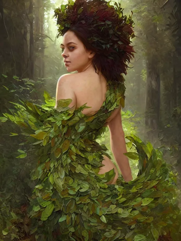 Prompt: portrait of a forest mage, female, dress made of green leaves, gorgeous, green hair, brown skin, curves, forest background, highly detailed, smooth, sharp focus, chiaroscuro, digital painting, artgerm and greg rutkowski and alphonse mucha