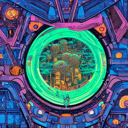 Image similar to hyper detailed comic illustration of a glowing circular portal surrounded by a cybernetic forest , by Josan Gonzalez and Geof Darrow, isometric aerial view, highly detailed, 8k wallpaper