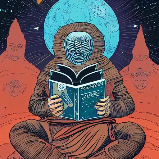 Prompt: A cosmic being reading books containing knowledge of the universe by Laurie Greasley