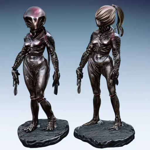 Image similar to 80mm resin detailed miniature of a Alien and Female warrior, Product Introduction Photos, 4K, Front view, Full body