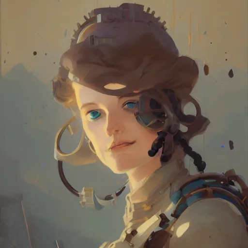 Prompt: portrait of beautiful steampunk maiden, by atey ghailan, by greg rutkowski, james gilleard, greg manchess, dynamic lighting, gradient light blue, brown, blonde cream and white color scheme, grunge aesthetic