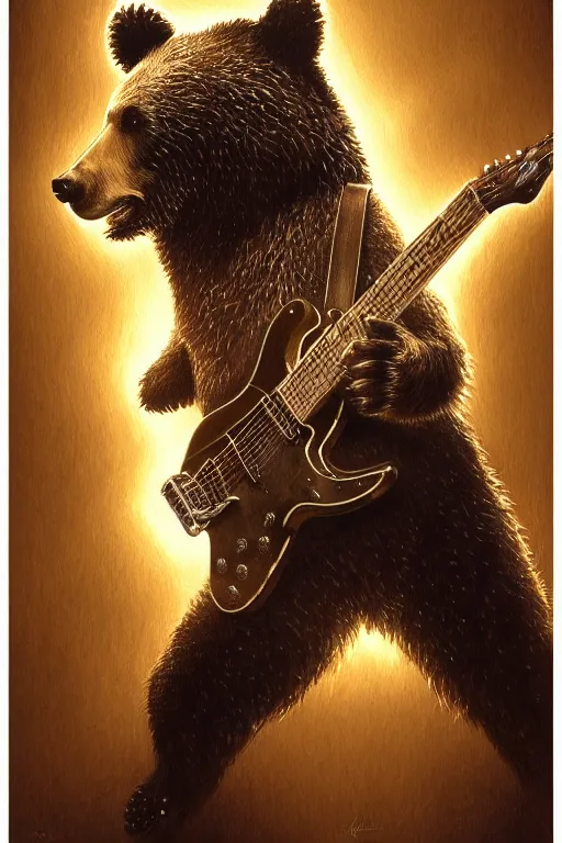 Image similar to realistic bear playing broken lines electric guitar, realistic portrait, symmetrical, highly detailed, digital painting, artstation, concept art, smooth, sharp focus, illustration, cinematic lighting, art by artgerm and greg rutkowski and alphonse mucha