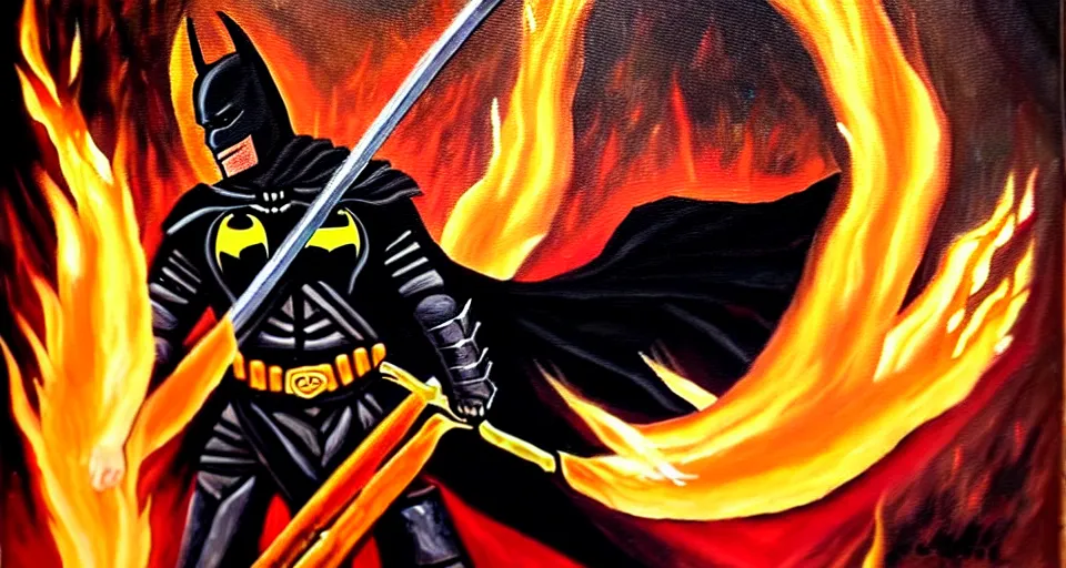 Image similar to An oil painting of a dark knight wielding a flaming sword