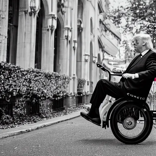 Prompt: Donald Trump falling off a tricycle, Canon EOS R3, f/1.4, ISO 200, 1/160s, 8K, RAW, unedited, symmetrical balance, in-frame