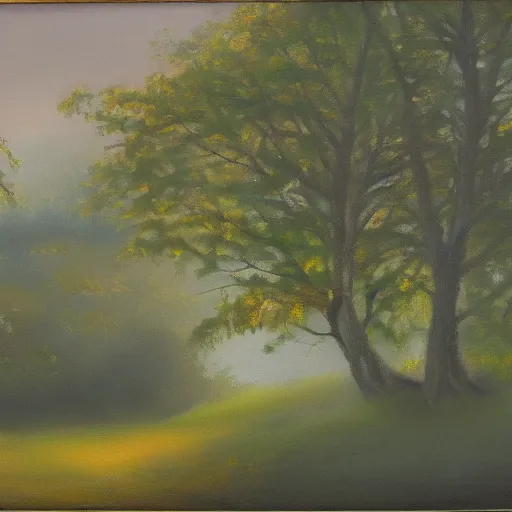 Prompt: imaginary cup of tea, landscape, peaceful, soft colors, forest, oil on canvas