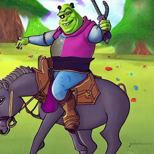 Prompt: Shrek mounted on a horse in a full armor, with glaive in his hand charging at horde of care bears.