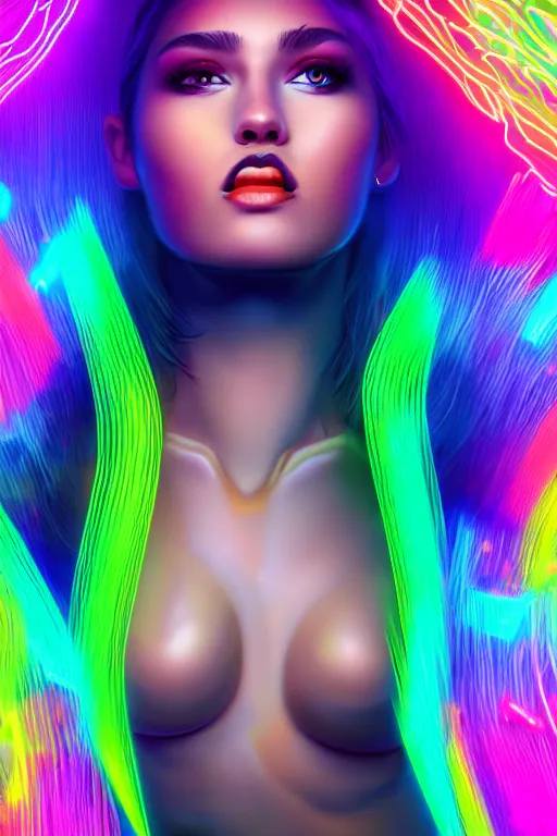 Image similar to a award winning half body portrait of a beautiful woman with stunning eyes in a croptop and cargo pants with rainbow colored ombre hairstyle head in motion and hair flying by thomas danthony, surrounded by whirling illuminated neon lines, outrun, vaporware, shaded flat illustration, digital art, trending on artstation, highly detailed, fine detail, intricate