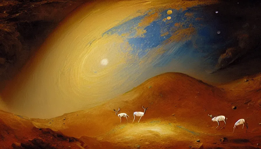 Image similar to highly detailed painting of antelopes on the surface of the moon by william turner, thick brush strokes and visible paint layers, 4 k resolution