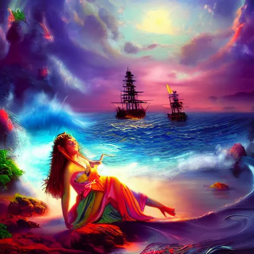 Image similar to musical sea goddess lulling pirates to sleep, beautiful composition, wide angle, colorful, cinematic, volumetric lighting, intricate details painting