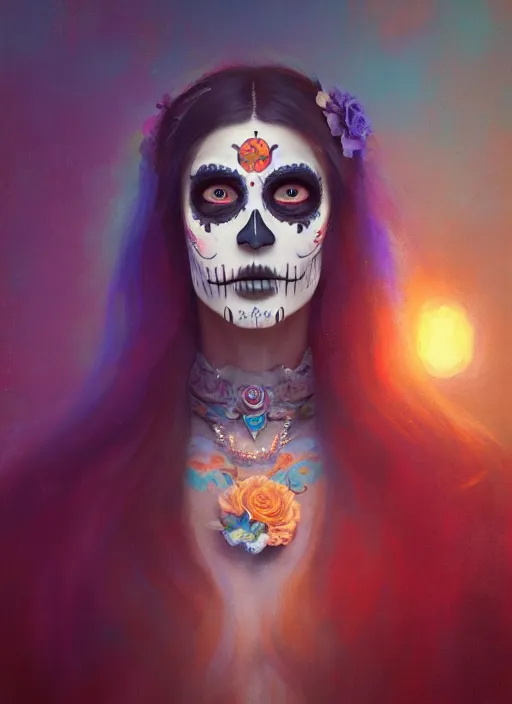 Image similar to portrait of dia de muertos, extremely detailed digital painting, in the style of fenghua zhong and ruan jia and jeremy lipking and peter mohrbacher, mystical colors, rim light, beautiful lighting, 8 k, stunning scene, raytracing, octane, trending on artstation