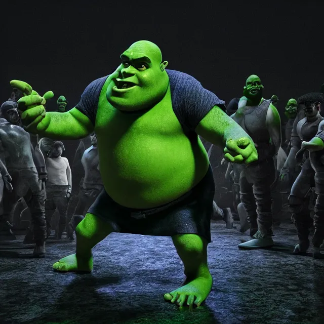 Image similar to ultra shrek performing on his yeezus tour, dark cinematic, volumetric, realistic, 3 d render, cinematic lighting, ray tracing, cinematic, unreal engine 5, unreal engine render, octane render, hyper realistic, photo, 8 k