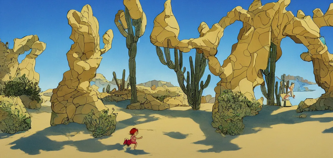 Prompt: animation background painting baja california desert by the sea, a seashell shaped house stands alone, a kid runs happily, by eyvind earle and maurice noble