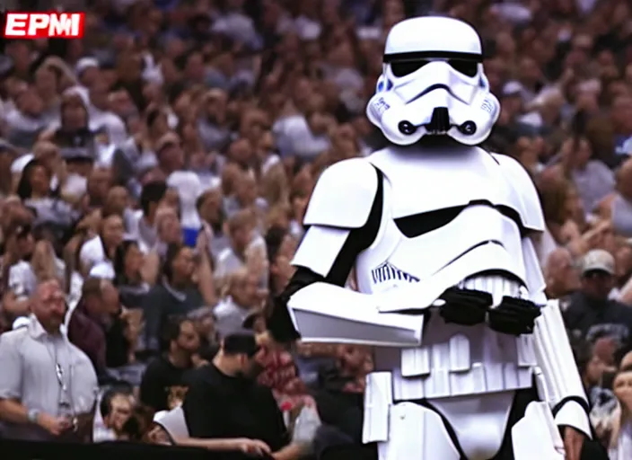 Image similar to ESPN still of Storm trooper playing in the nba playoffs live on espn, 4k