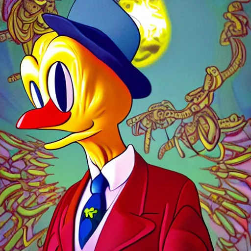 Prompt: An extremely psychedelic portrait of Scrooge McDuck from DuckTales holding egg, surreal, LSD, face, detailed, intricate, elegant, lithe, highly detailed, digital painting, artstation, concept art, smooth, sharp focus, illustration