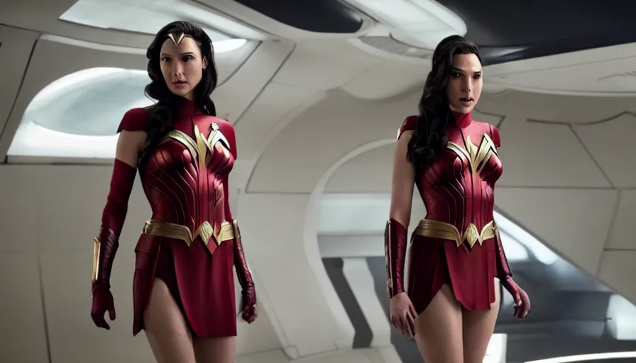 Prompt: Gal Gadot, wearing command red, is the captain of the starship Enterprise in the new Star Trek movie