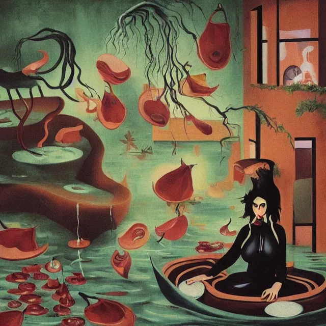 Image similar to tall female catgirl artist holding pizza in her flooded apartment, pomegranates, octopus, water gushing from ceiling, painting of flood waters inside an artist's apartment, a river flooding indoors, mushrooms, ikebana, zen, rapids, waterfall, black swans, canoe, berries, acrylic on canvas, surrealist, by magritte and monet