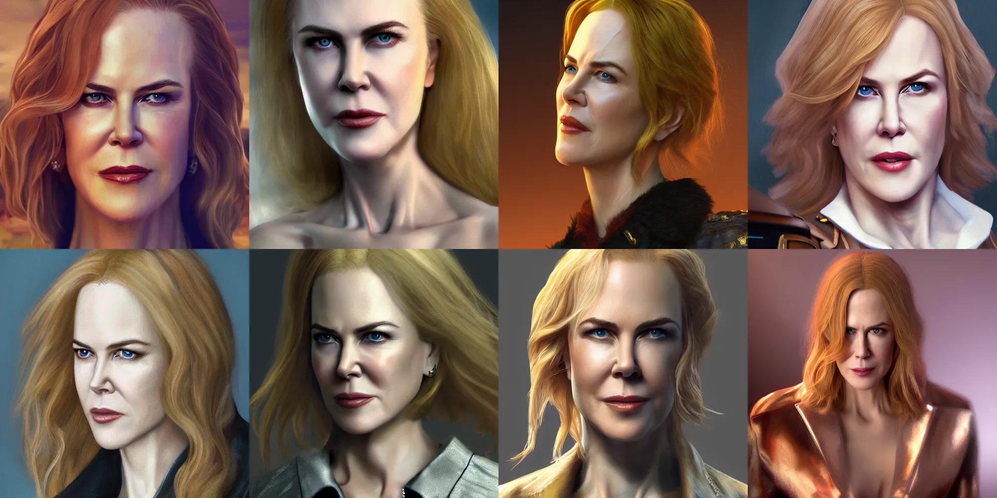 Prompt: An epic fantastic realism style painting of nicole kidman as nicolas cage, unreal 5, hyperrealistic, octane render, dynamic lighting