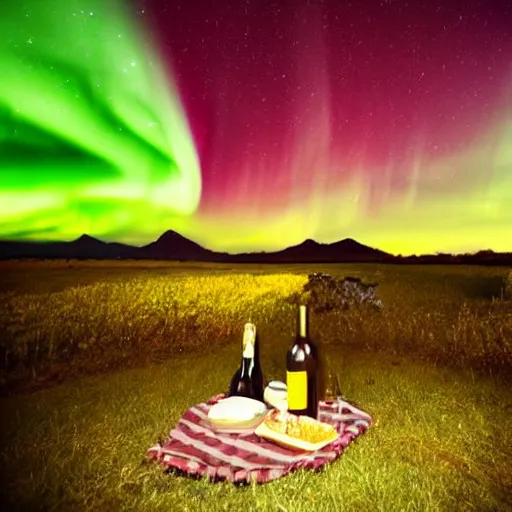 Image similar to romantic picnic with wine bottles under an aurora borealis