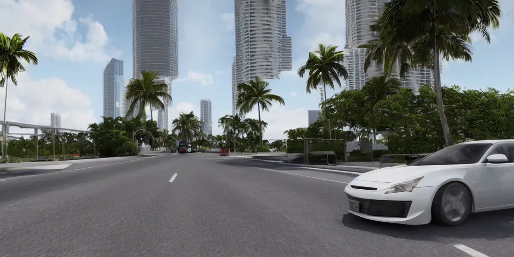 Image similar to car driving across miami, third person bumper camera, realistic, vray, path traced, render