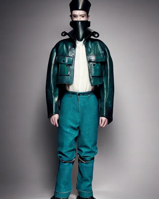 Prompt: an award - winning editorial photo of a teal extremely baggy but cropped ancient medieval designer menswear leather jacket with an oversized large collar and baggy bootcut trousers designed by alexander mcqueen, 4 k, studio lighting, wide angle lens