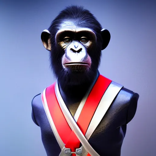 Image similar to Portrait of chimpanzee general wearing mirrorshades and a futuristic leather uniform, photorealistic, highly detailed, cinematic lighting, volumetric lighting