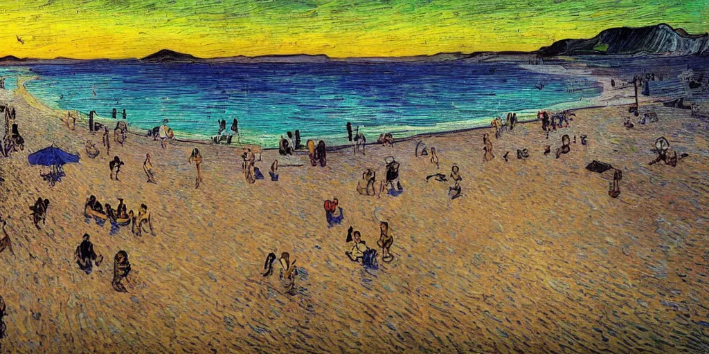 Image similar to People in beach, beach is between the two valleys, by Salvador Dali and Van Gogh collaboration, sun set, digital art, high details, drone wide shot