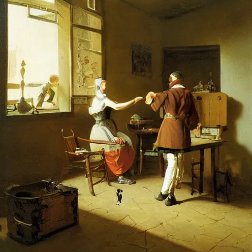 Prompt: young man and woman solving an escape room puzzle by carl spitzweg