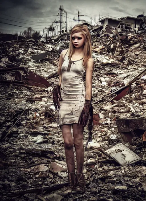 Image similar to award winning photograph miof a dressed young woman amongst rubble, sad face, dirt, dreamlike, low contrast, beatiful composition, 4k