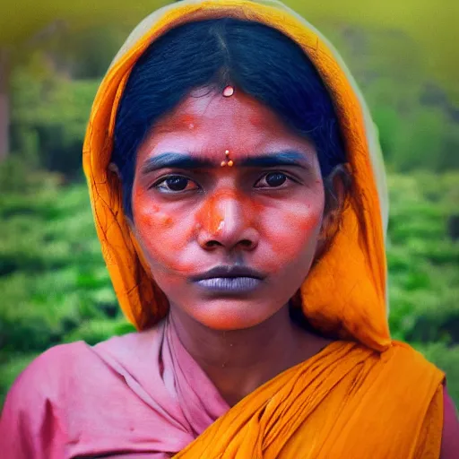 Prompt: realistic expired fuji film portrait of strange india woman mix, marigold celestial vibe, hyperrealism, hypermaxiymalism, photorealistic, detailed, atmospheric, 8 k, award winning photography, cinematic