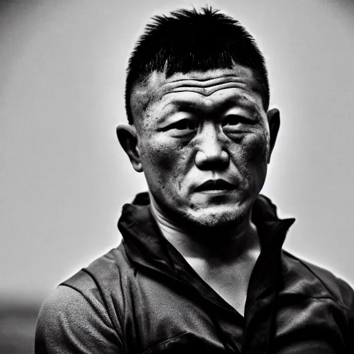 Prompt: minoru suzuki after a match, black and white, photographic, photoreal, in the style of Stanley Kubrick, 4k, award-winning, rendered in Octane, rendered in Unreal engine