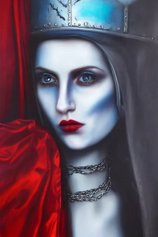 Image similar to hyperrealism oil painting, close - up portrait of european medieval brunette vampire fashion model, knight, steel gradient mixed with nebula sky, in style of baroque