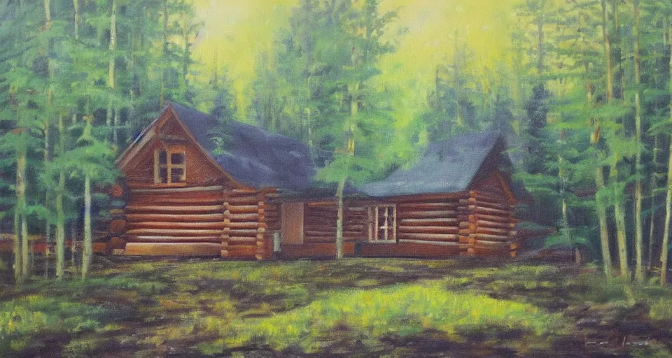 Image similar to one log cabin in the thick forest, beautiful painting, oil on canvas, by Ewa Czarniecka, award winning masterpiece,