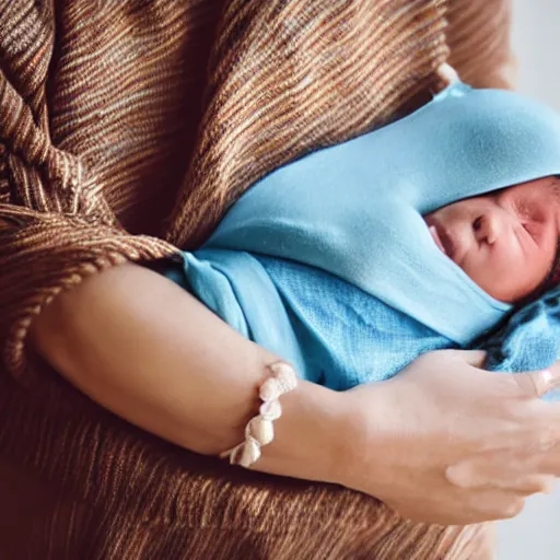 Prompt: 80 year old sentimental Mediterranean skinned woman in ancient Canaanite clothing holding a newborn baby, in the style of Corporate Memphis Alegria style