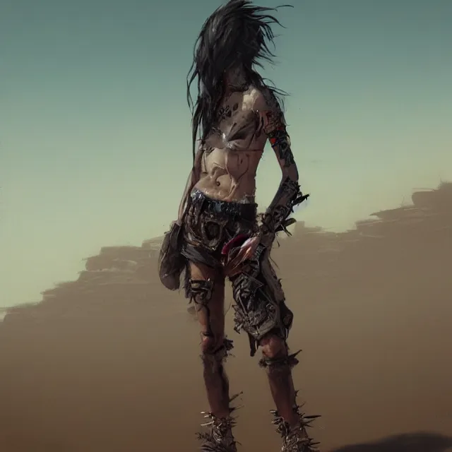 Prompt: a painting of a punk rocker in the desert by greg rutkowski, dark fantasy art, high detail, trending on artstation