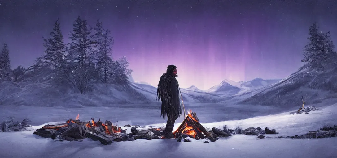 Prompt: winter scene, night, aurora borealis, dramatic, indigenous man, hunter, aboriginal, standing, looking at the mountains, back turned, beautiful detailed, campfire, by greg rutkowski, cgsociety