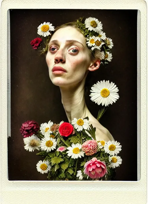 Image similar to beautiful and detailed rotten woman made of plants and many types of stylized flowers like carnation, daisy, chrysanthemum, anemone, roses and tulips, intricate, surreal, vladimir volegov, john constable, guy denning, gustave courbet, caravaggio, romero ressendi, 1 9 1 0 polaroid photo