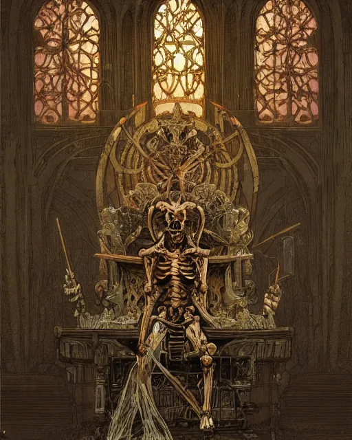 Prompt: ancient skeleton sits on a throne in an old temple with godrays, gorgeous, amazing, intricate, highly detailed, digital painting, artstation, concept art, sharp focus, illustration, art by greg rutkowski and alphonse mucha