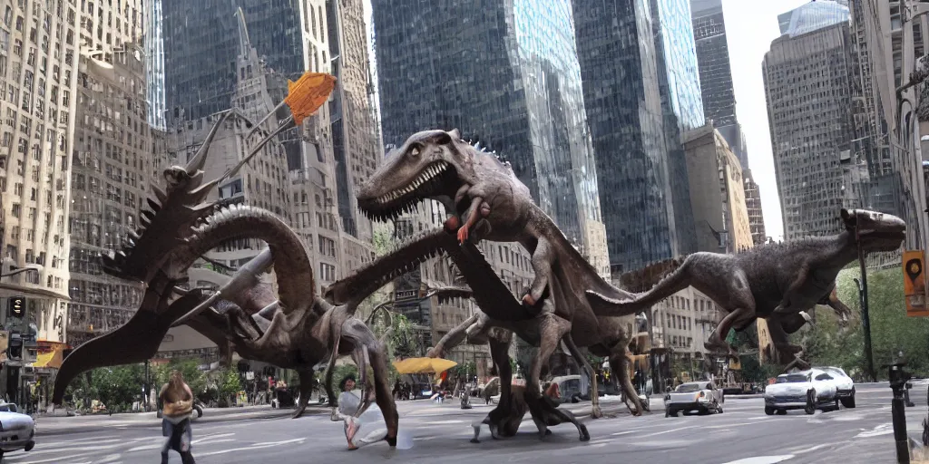 Image similar to Jesus riding a dinosaur in downtown Manhattan