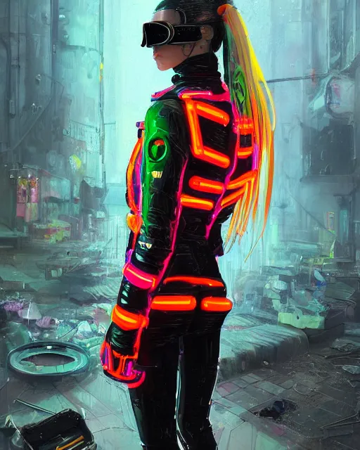 Image similar to detailed portrait neon guard girl with long straight blonde hair goggles seen from the back, cyberpunk futuristic, reflective puffer jacket, black leggings, decorated with traditional ornaments in front of a dystopian crowd with piles of garbage by ismail inceoglu dragan bibin hans thoma, perfect face, fine details, realistic shaded, fine - face, pretty face