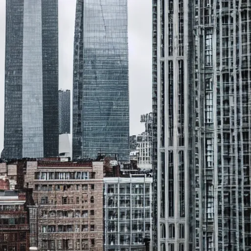 Prompt: Cozy city on a cloudy day with tall buildings with small windows, high-quality photograph