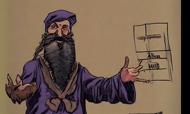 Prompt: A bearded wizard points at a linguistics chart in front of a lecture hall, by Mœbius