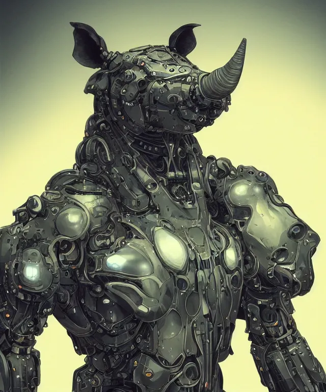 Image similar to an anthropomorphic rhinoceros portrait wearing a part cybernetic body, surrealism , scifi, intricate mecha armor, elegant, highly detailed cybernetic body, neon glowing eyes, digital painting, artstation, concept art, smooth, sharp focus, illustration, art by Artgerm and moebius and Peter Mohrbacher